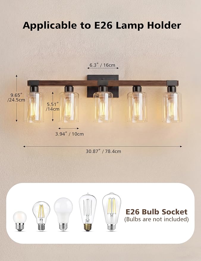 VOLISUN Farmhouse Bathroom Vanity Light Fixtures, 5 Light,UL Certificated | 5 Light Bathroom Vanity Lights Over Mirror, Rustic Vanity Light for Bathrooms,Wood Bathrooms Lights Fixtures Over Mirror
