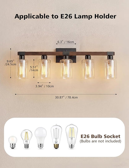 VOLISUN Farmhouse Bathroom Vanity Light Fixtures, 5 Light,UL Certificated | 5 Light Bathroom Vanity Lights Over Mirror, Rustic Vanity Light for Bathrooms,Wood Bathrooms Lights Fixtures Over Mirror