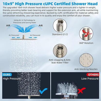 Hibbent All Metal 10'' Rain Shower Head, 16'' Extension Arm, Brushed Nickel | cUPC Certified High Pressure Rainfall Showerhead with Solid Brass Adjustable Shower Head Extension Arm, Fixed Showerheads