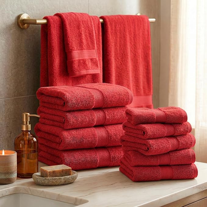 SUPERIOR Egyptian Cotton Ultra Plush & Absorbent, 12 Piece Set, Red | Heavyweight 12 Pc Egyptian Cotton Towel Set Includes 4 Bath Towels 4 Hand Towels 4 Washcloths Decorative Rope Border