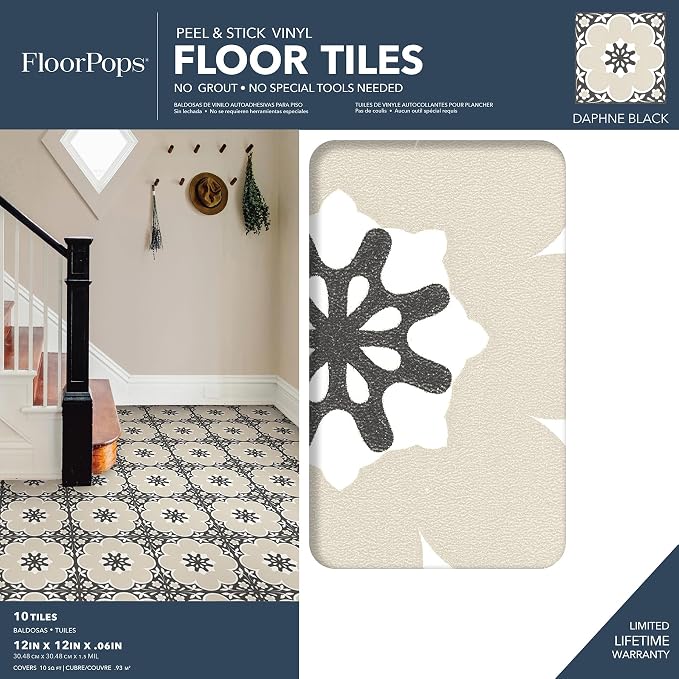 FloorPops 12-in by 12-in Black Daphne Vinyl Peel & Stick Floor Tiles (10 Tiles), (10 sq.ft./Carton)