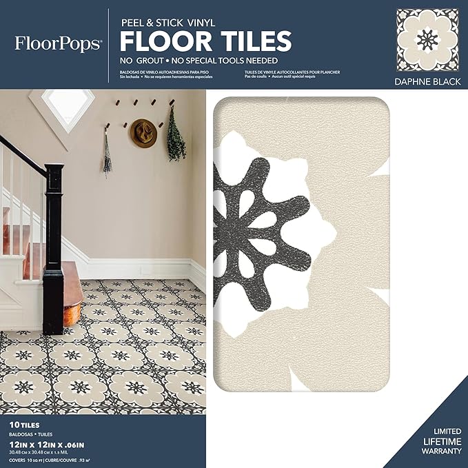 FloorPops 12-in by 12-in Black Daphne Vinyl Peel & Stick Floor Tiles (10 Tiles), (10 sq.ft./Carton) (Pack of 6)