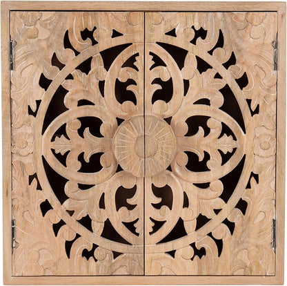 Kate and Laurel Saanvi Traditional Carved Wood Wall Cabinet, 20 x 6 x 20, Light Natural, Dimensional Over The Toilet Storage Cabinet for Bathroom Storage and Display