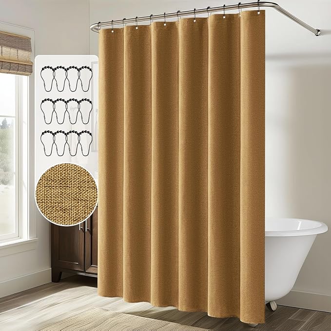 MIULEE Linen Fabric Shower Curtain Gold W72*L72 12 Metal Hooks | Washable, Modern, Heavy Duty, Curtain Set, Waterproof Thick Cloth Shower Curtains, Bathroom Bathtub