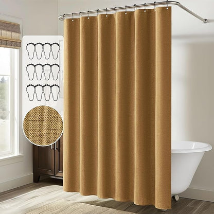MIULEE Linen Fabric Shower Curtain Gold W72*L72 12 Metal Hooks | Washable, Modern, Heavy Duty, Curtain Set, Waterproof Thick Cloth Shower Curtains, Bathroom Bathtub