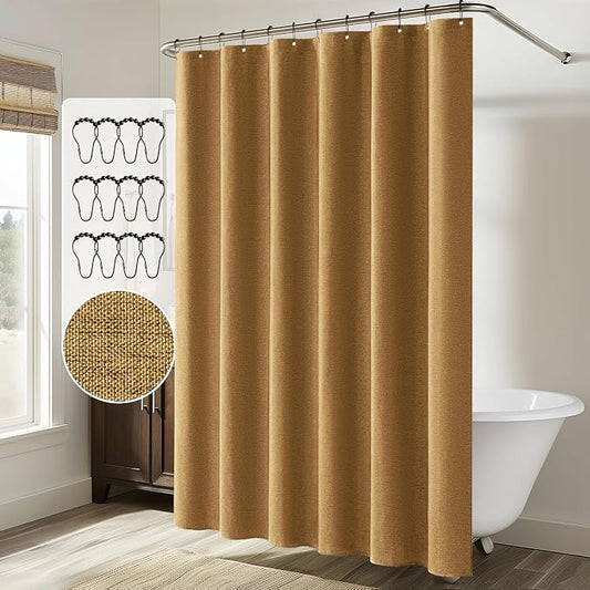 MIULEE 72 x 84 Extra Long Linen Shower Curtain Gold 12 Metal Hooks | Washable, Heavy Fabric Curtain Set, Waterproof Thick Cloth Shower Curtains, Bathroom Hotel Bathtub