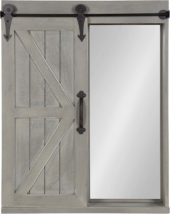 Kate and Laurel Cates Decorative Wood Wall Storage Cabinet with Rectangle Mirror and Sliding Barn Door, 22 x 28, Rustic Gray, Farmhouse Decor for Wall Storage