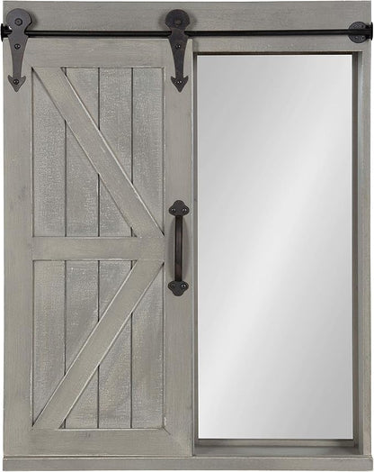 Kate and Laurel Cates Decorative Wood Wall Storage Cabinet with Rectangle Mirror and Sliding Barn Door, 22 x 28, Rustic Gray, Farmhouse Decor for Wall Storage