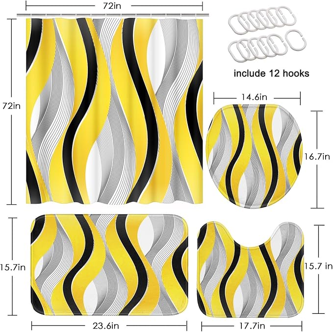 Bathroom Sets with Shower Curtain and Rugs, 4 Pcs Geometric Yellow | Striped Modern Grey Bathroom Decor Set with Toilet Lid Cover, Non-Slip Bath Mats and Accessories 12 Hooks