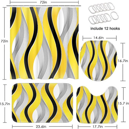 Bathroom Sets with Shower Curtain and Rugs, 4 Pcs Geometric Yellow | Striped Modern Grey Bathroom Decor Set with Toilet Lid Cover, Non-Slip Bath Mats and Accessories 12 Hooks