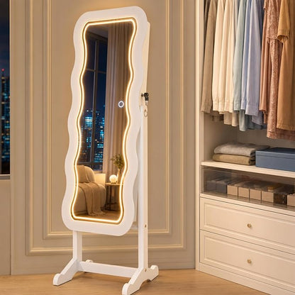 Fiqevs RGB Mirror Jewelry Cabinet, Remote Control LED Mirror with Storage | Standing Jewelry Organizer with Full Length LED Lighting Wavy Mirror, Lockable, Spacious Storage, Jewelry Armoire White
