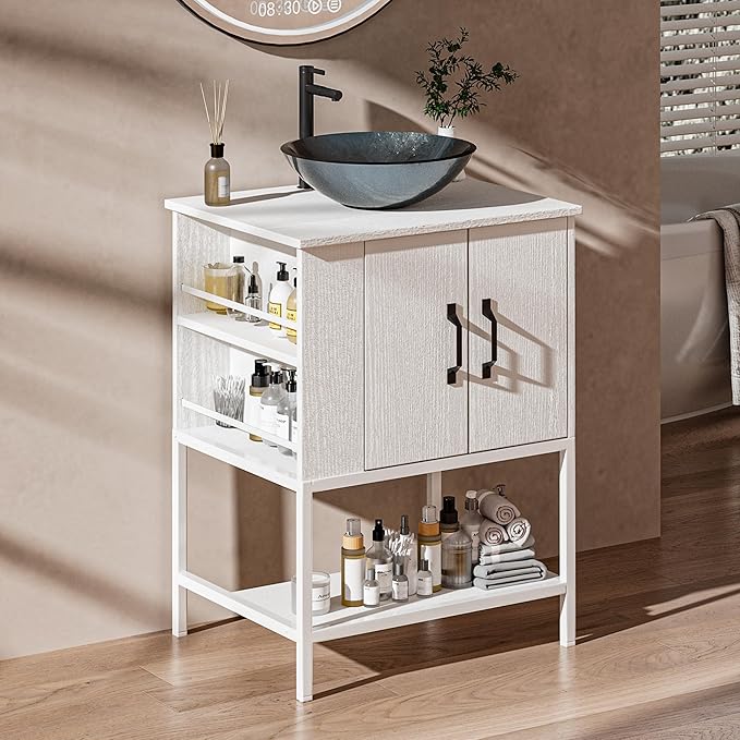 VNN Small Bathroom Vanity with Sink - 24 Inch Vanity with Sink, Freestanding Cabinet with Open Shelf, Modern Iron Wood Bathroom Cabinet with Countertop Tempered Glass Vessel, White