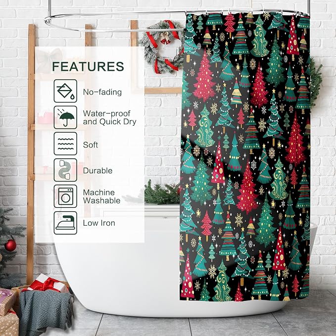 Shower Curtain Christmas, Holiday Shower Curtain Red Green Christmas Tree Snowflake ShowerCurtain Sets Waterproof Polyester Fabric Machine Washable Home Farmhouse Decor Bathroom Curtains