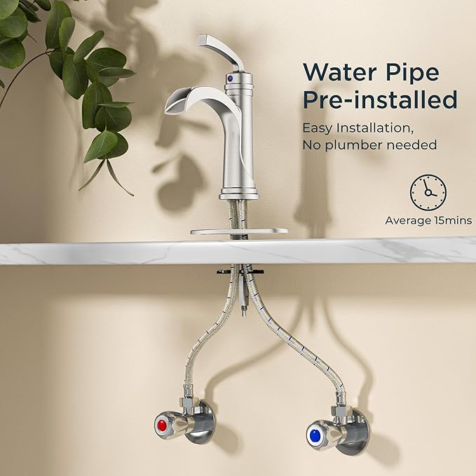 FORIOUS Brushed Nickle Bathroom Faucet Single Handle One Hole Antique Waterfall Bathroom Faucet with Metal Pop Up Drain and Deck Plate for Lavatory Vanity Farmhouse RV