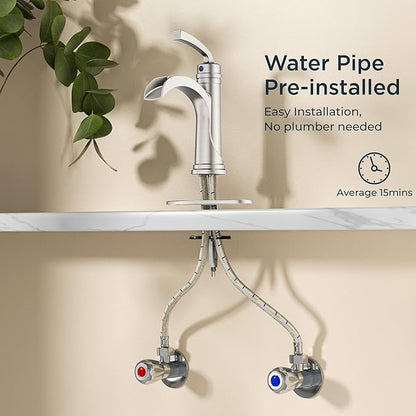 FORIOUS Brushed Nickle Bathroom Faucet Single Handle One Hole Antique Waterfall Bathroom Faucet with Metal Pop Up Drain and Deck Plate for Lavatory Vanity Farmhouse RV