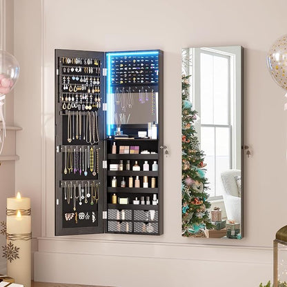 Vlsrka 47.2" Jewelry Armoire Organizer, Wall/Door Mounted Jewelry Cabinet | Built-in LED Mirror, Large Lockable Hanging Full Length Mirror with Jewelry Storage, 4 Drawers, 5 Shelves for Women, Black