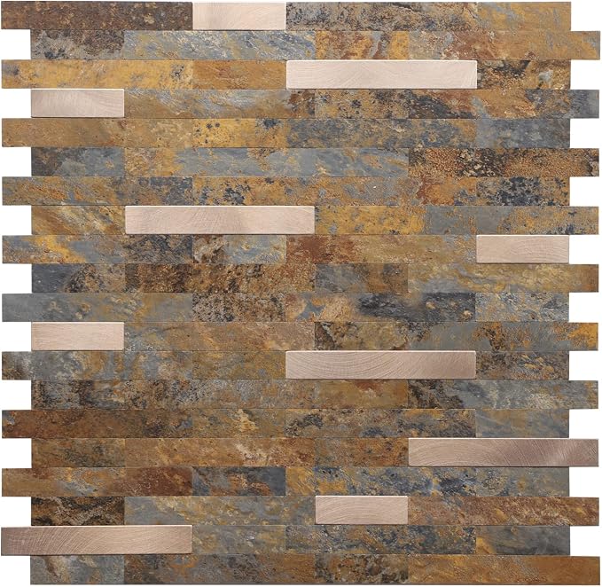 STICKGOO Peel and Stick Backsplash, PVC Wall Tiles Stick on Backsplash for Kitchen(1 Sheet, Rust Brown with Metal Gold)
