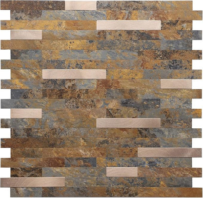 STICKGOO Peel and Stick Backsplash, PVC Wall Tiles Stick on Backsplash for Kitchen(1 Sheet, Rust Brown with Metal Gold)