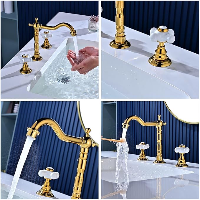 Restroom Vanity Faucet 3 Hole Long Spout Reach 2 Knob Bathroom Faucet Widespread G1/2'' Hot and Cold Water,Brushed Gold