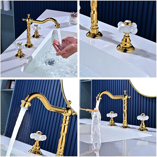Restroom Vanity Faucet 3 Hole Long Spout Reach 2 Knob Bathroom Faucet Widespread G1/2'' Hot and Cold Water,Brushed Gold