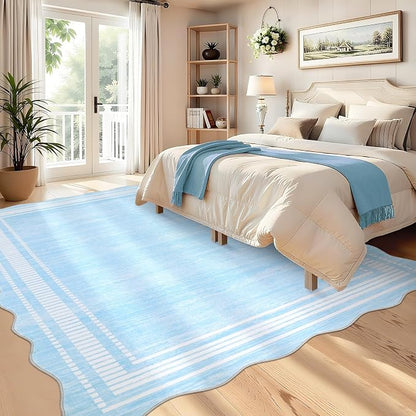 Garvee Scallop Area Rug 5x7 Washable Rugs Neutral Rug Light Blue | Rugs for Living Room, Non-Slip Soft Carpet for Bedroom, Scalloped Low-Pile Solid Accent Rug for Dining Room Home Office