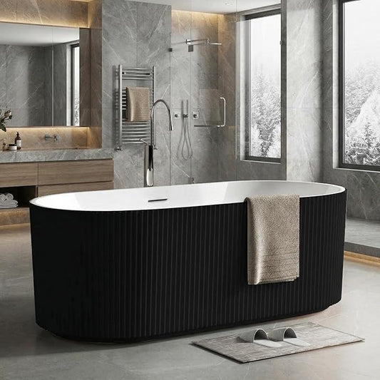 67" Freestanding Bathtub, Acrylic Soaking Tub with V Shape Pleated Design, Chrome Drain & Classic Slotted Overflow, CUPC Certified, Black and White for Modern Bathroom