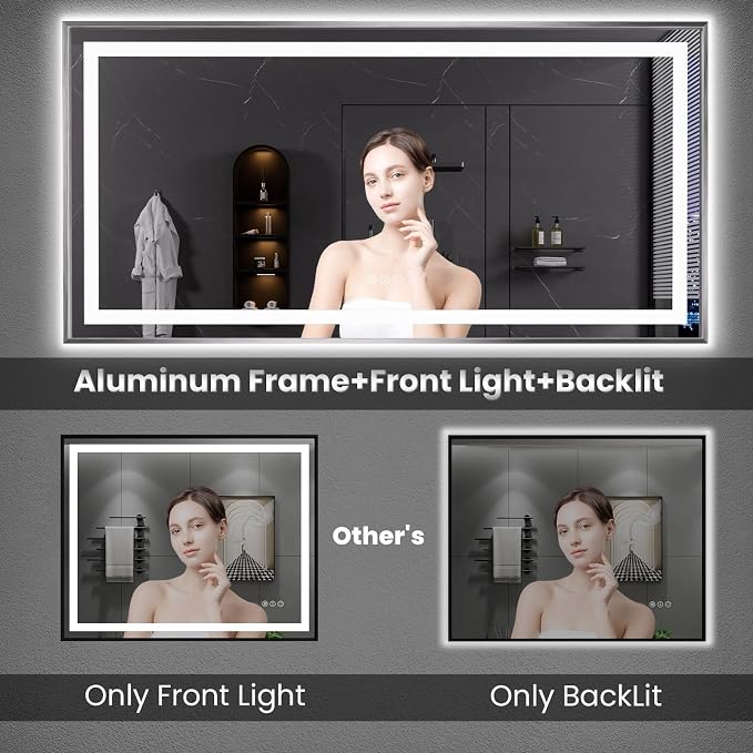 LED Bathroom Mirror 36"X30", Front Light and Backlit(Brushed Silver) | Metal Framed Mirror, Stepless Dimmable, Anti-Fog, HD Reflection, Shatter-Proof, Memory, 3 Colors, Double LED Vanity Mirror.