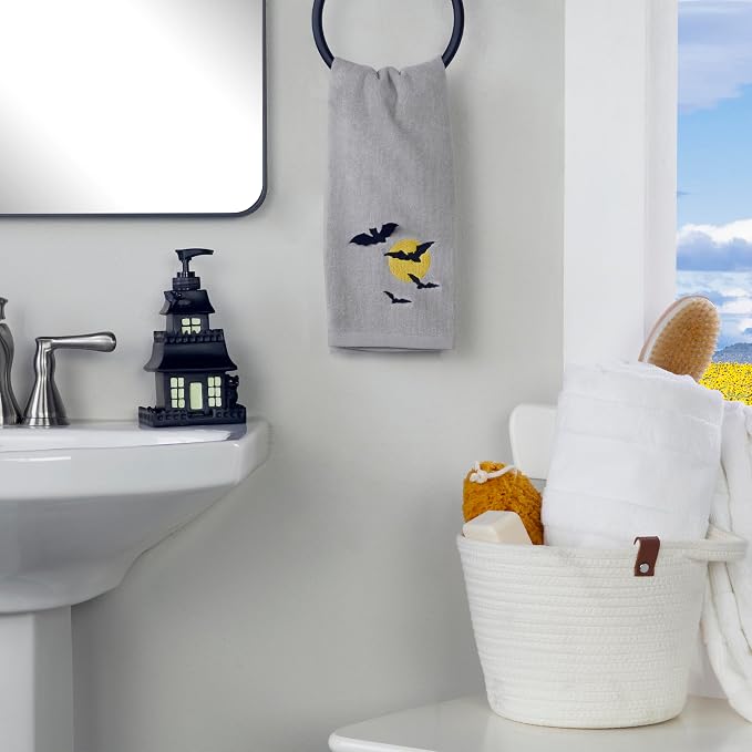 SKL Home Halloween Full Moon Flight Hand Towel Set-2pc, 100% Cotton, Gray | Soft, embroidered velour with 3D applique. Great for the bathroom, kitchen or bar & holiday gifting.