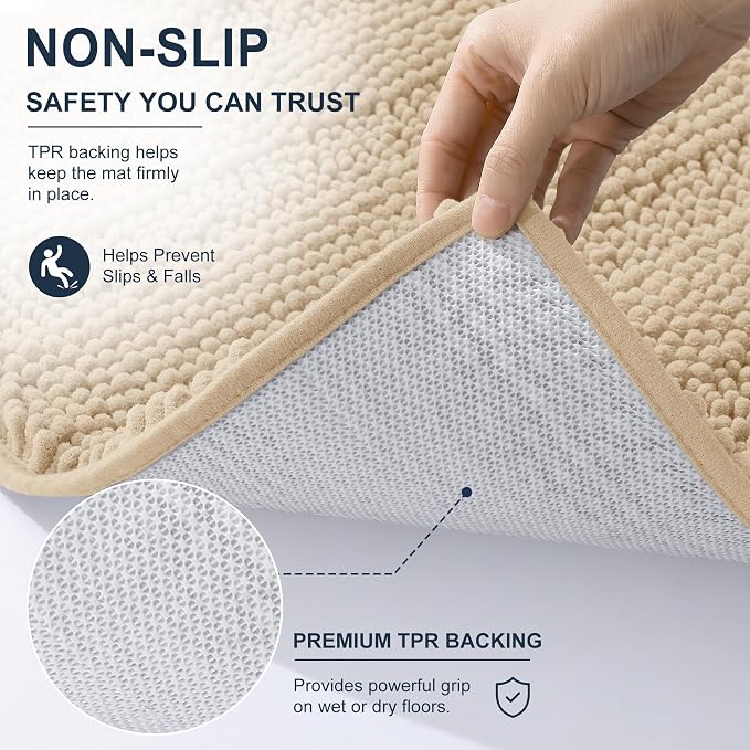 Smiry Thick Chenille Large Bathroom Runner Rugs 45x27, Soft Bath Mat, Beige | Quick‑Dry & Machine Washable, Non‑Slip Bath Carpet, Striped Bath Rugs for Tub & Shower, Modern Home Decor Accessories