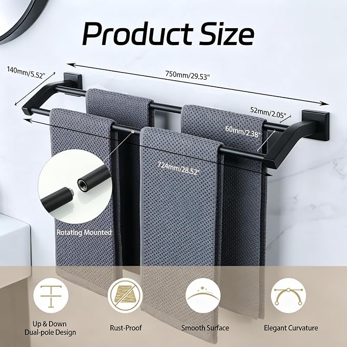 Alise Double Towel Bar,28" Towel Rack for Bathroom Wall Mounted,Matte Black | SUS304 Stainless Steel Bathroom Towel Holder, Quick Drying Towel Hanger Towel Rod, Useable Length 26.9"