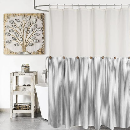 DOSLY IDÉES Farmhouse Shower Curtain, Beige and Black Striped, Button Curtain, Spa Waffle and Cotton Woven Fabric, Rustic Charm Country Chic Style, 72x84 in