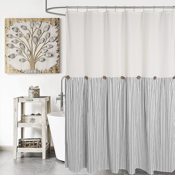 DOSLY Ides Farmhouse Shower Curtain, Beige and Black Striped, Spa Beige Waffle Weave, Button Curtain, Cotton Woven Fabric, Country, Rustic, Shabby Chic, 72x72 in, Bathroom