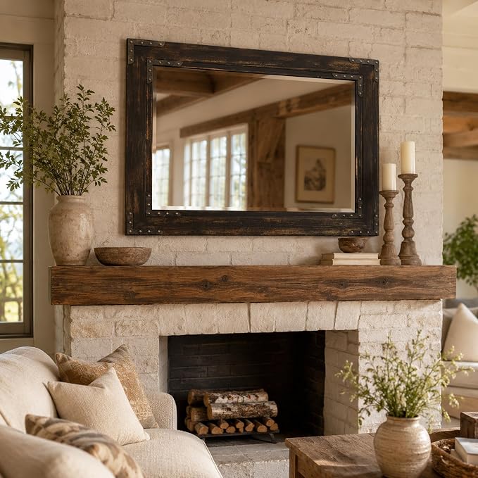 Rustic Black 30x40 Inch Wood Bathroom Vanity Mirror, Rivets | Industrial farmhouse, dark charcoal grain, larger vanities, mantels, living rooms and entry consoles