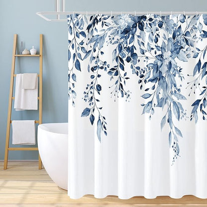 Navy Eucalyptus Shower Curtain, Watercolor Floral Print, 72x96 | Watercolor Plant Leaves Floral Print, Waterproof Fabric Bathroom Decor, Machine Washable, Rustproof Grommets