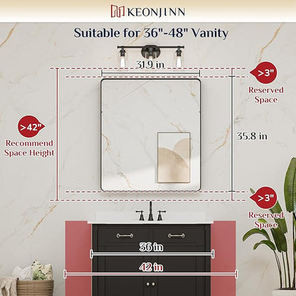 Keonjinn 32 x 36 Inch Brushed Nickel Bathroom Mirrors for Over Sink | HD Tempered Glass, Silver Vanity Mirror, Rust-Resistant Aluminum Frame, Rounded Rectangle, French Cleat Mount, Home Décor