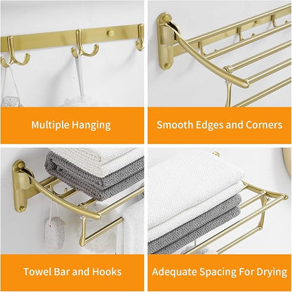 Towel Racks with Foldable Towel Bar Hooks, Wall Mounted Brushed Gold | 24 Inch Bathroom Towel Shelf Holder, Multifunctional Storage Bathroom Accessories, Double Towel Bars, Rust-resistant Metal