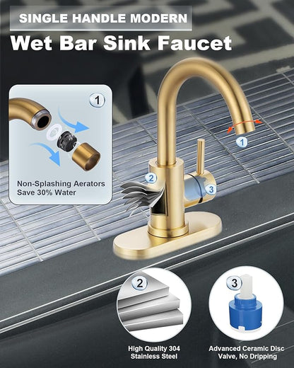 Modern Bar Sink Faucet: Single-Handle Gold Bathroom Kitchen Sink Faucet, 1 Hole Wet Bar Sink Faucets with 360°Swivel Spout for bar RV Laundry Farmhouse