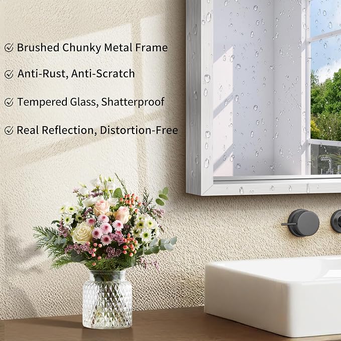 CIRCUMI 60"x24" Brushed Silver Bathroom Mirror, Double Sink Vanity Mirror | Chunky Box Metal Frame, Shatterproof, Tempered Glass, Bathroom Remodel&New Home, Large Rectangular Mirror for Living Room
