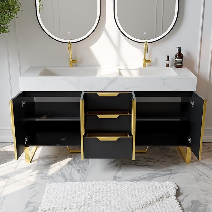 Bathroom Vanity with Sink, Modern Bathroom Vanity with Faux Marble Top, Gold Hardware & Soft-Close Drawers for Bathroom Storage (59.1 Inch, Black, Double Sink & Freestanding)