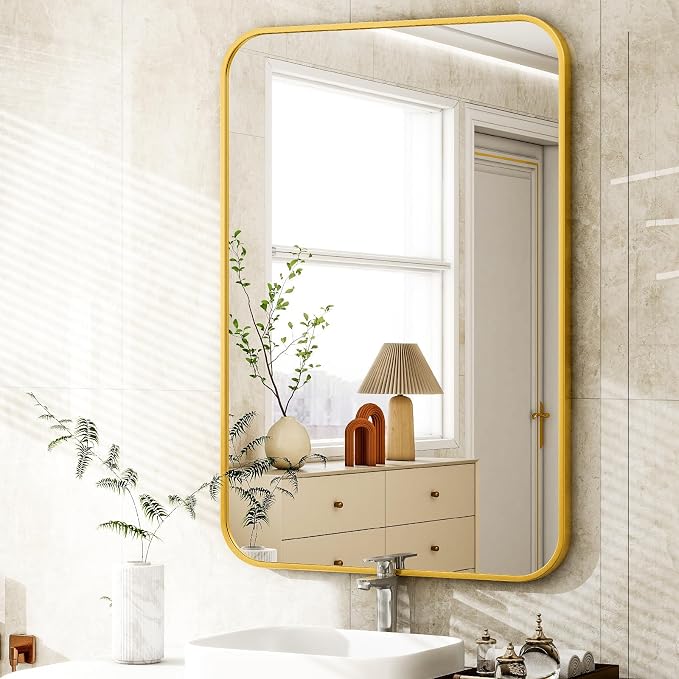 Easly 26 x 38 Inch Bathroom Mirror, Rounded Rectangular Vanity Mirror for Wall, Modern Mirror for Room Decor, Gold Framed Wall-Mounted Mirrors for Home Decor, Hangs Horizontally or Vertically