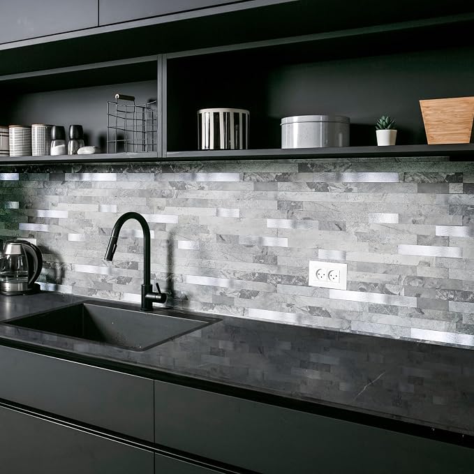 Yipscazo 20 Sheets Peel and Stick Stone Metal Tile Backsplash, Stick on Tiles for Backsplash Kitchen, Bathroom, Laundry Room, Camper, Fireplace (12'' X 12'', Gray Stone with Metal)