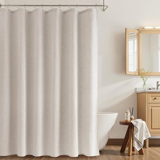 Linen Shower Curtain 78 Inch Long Shower Curtains Set with Hooks for Bathroom Boho Farmhouse Fabric Neutral Cloth Modern Cottage Core Waterproof,Mousse White