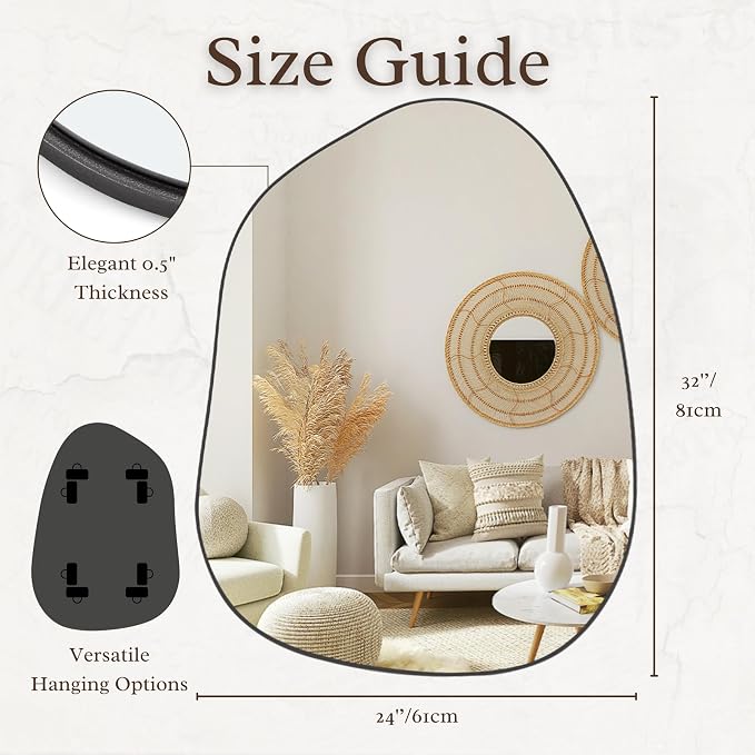 PERFNIQUE Irregular Asymmetrical Wall Mirror, 32"x24" Black Bathroom Mirror | Decorative modern unique mirror. HD glass mirror for bedroom, living room, entryway, mantel and vanity decor