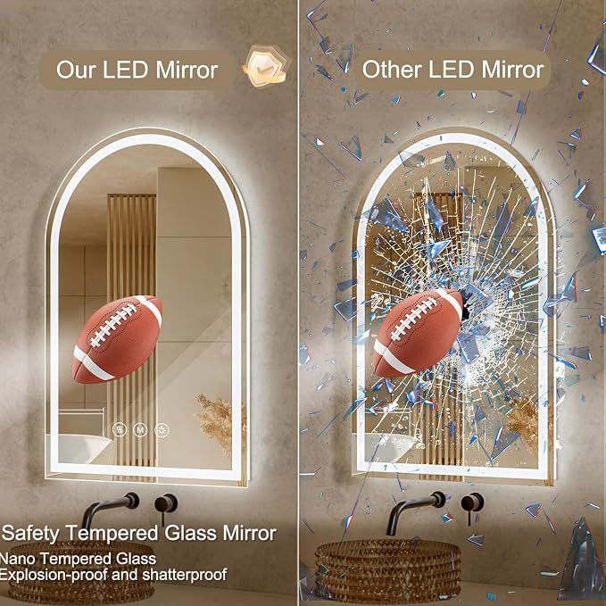 Arched LED Bathroom Mirrors with Lights 24"x40", Anti-Fog, Anti-Fog, Dimmable, Shatterproof, Touch Sensor