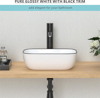 J-FAMILY 14.5'' x 10'' Bathroom Small Vessel Sink Above Counter White Porcelain Ceramic Sink Bowl Black Trim Decoration Small Vanity Sink Lavatory Wash Basin