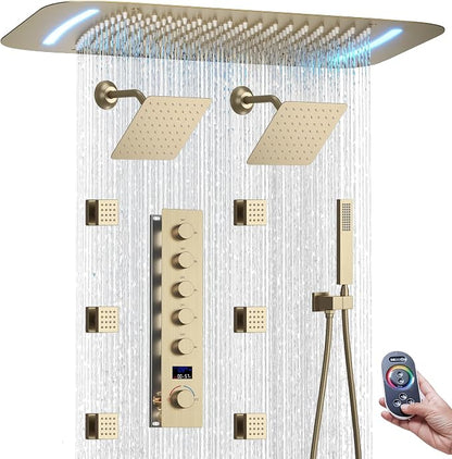16X26 inch Shower System Brushed Gold Shower Head and Handle Set | Temperature Display Shower Faucet with Dual 8 inch Shower Head, 6 Body Jet, Handheld Shower, 5 Functions Can All Run Together