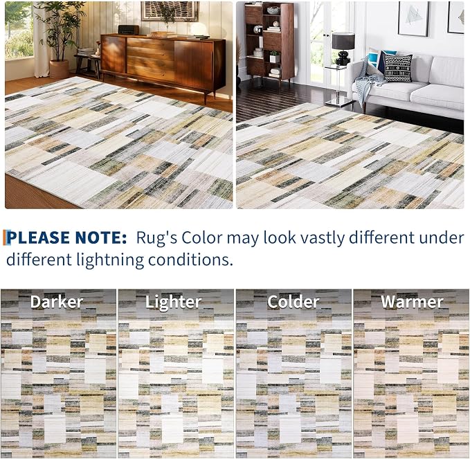 Modern Rugs for Living Room 5x7 Area Rugs Washable Geometric Throw Rugs with Non-Slip Backing, Non-Shedding Contemporary Accent Carpet, Low Pile Floor Cover for Bedroom, Office, Khaki Grey