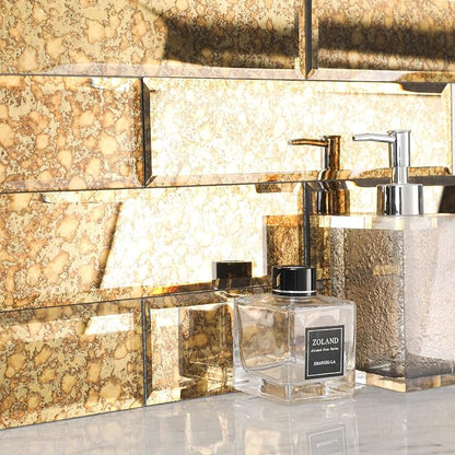 Peel and Stick Beveled Gold Antique Mirror Tile Subway Mirror Glass Backsplash 3x12 Inch for Kitchen Bathroom Wall (20 Pcs, 5 SQ.FT.)
