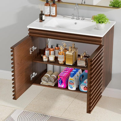 ROOMTEC 30" Bathroom Vanity with Ceramic Sink Combo, Mid-Century Wall Mounted Floating Vanity Cabinet with 2 Closing Doors, Wood Grain Texture, Walnut
