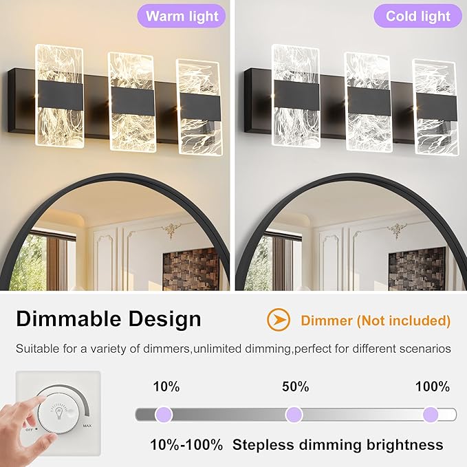 Modern LED Bathroom Light Fixtures Dimmable 3-Light Black Vanity Light, 5CCT Adjustable Lighting Fixture Vanity Lights Over Mirror, Smoked Acrylic LED Vanity Lights for Bathroom
